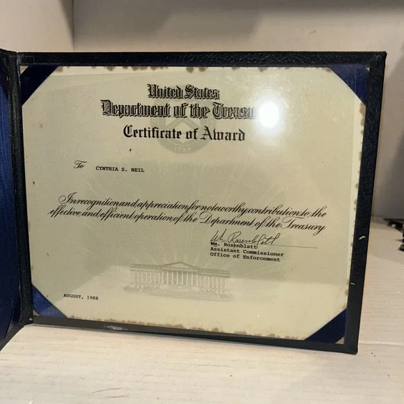 Department Of The Treasury Award Certificate William Rosenblatt 1988 In Binder‎