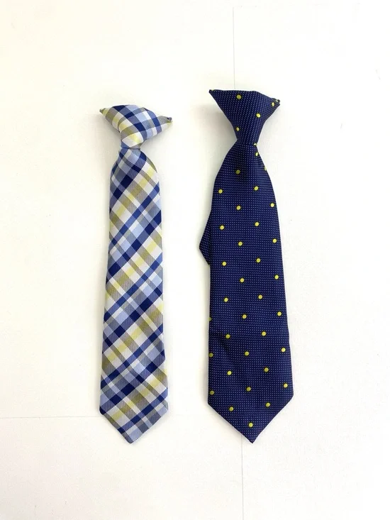 Boys Navy Blue Yellow Clip-on Necktie Lot of 2 Kids Accessories Plaid Polka Dots