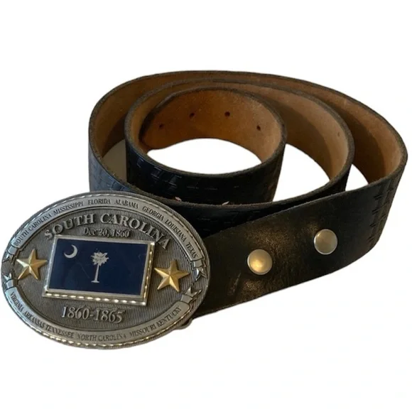Vintage SC Confederate State History Belt & Buckle Black Leather, 1999