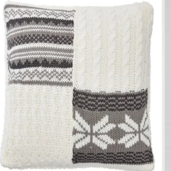 Pottery Barn Patchwork Sweater Cable Knit Pillow Cover Gray Cream 18