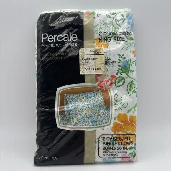 J C Penney Pillowcases KING‎ Size Vintage 70s Percale Floral Green White Penny