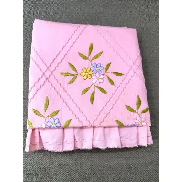 Vintage Pink Ruffled Embroidered Pillow Sham Cottagecore Floral 28x21 Shabby