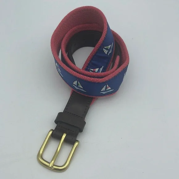 Vineyard Vines Belt Sailboats Leather & Cotton Canvas Webbing Preppy Sz 30