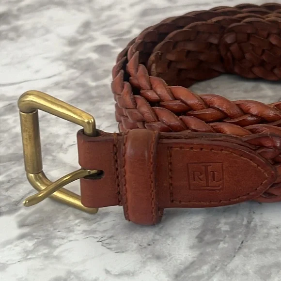 RLL BRAIDED BROWN SOLID BRASS BUCKLE BELT SIZE 42 UNISEX