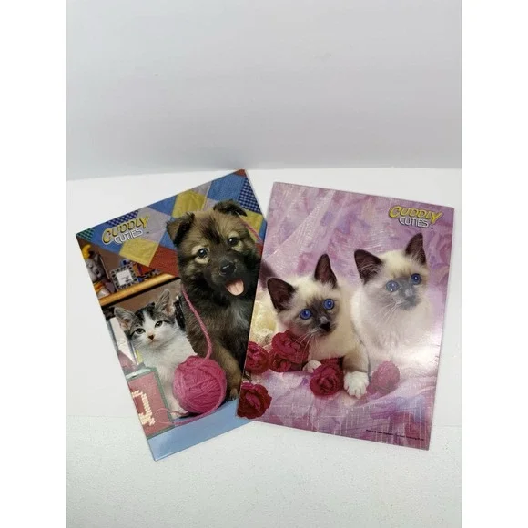 Cuddly Cuties Vintage 2 Pocket Portfolio Folders set of 2 cats and dogs 1999