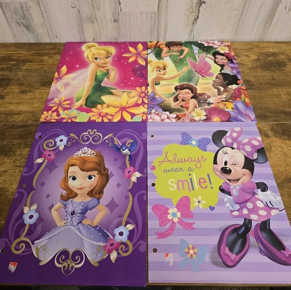 New Girls Disney Portfoilo Folder Lot Of 4, Mini Mouse, Tinker Bell, Sophia