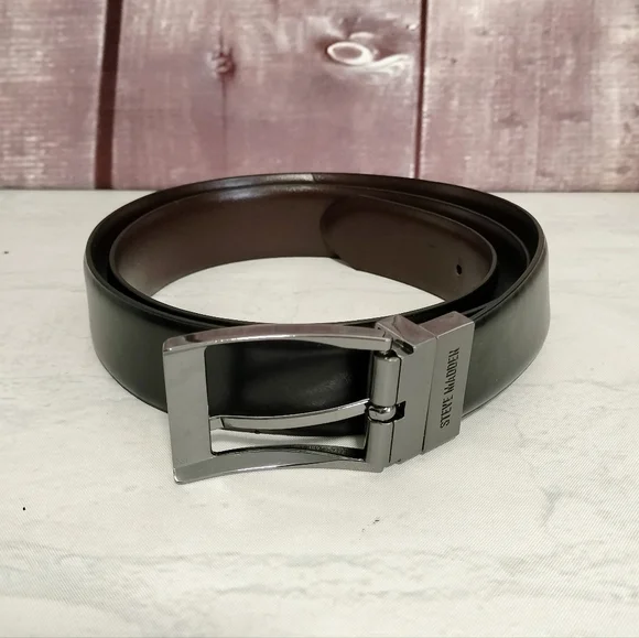Steve Madden Black/Brown Reversible Sz 38 Belt Silver Buckle Classic Business