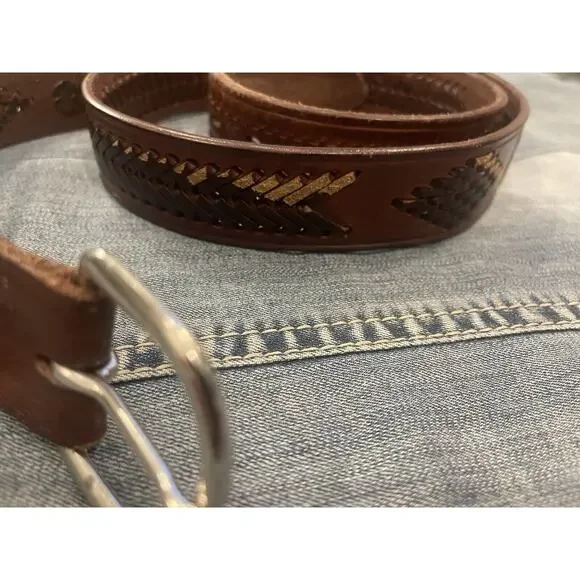 Leather Belt Brown Woven Design Western Style Casual Belt Size 40‎