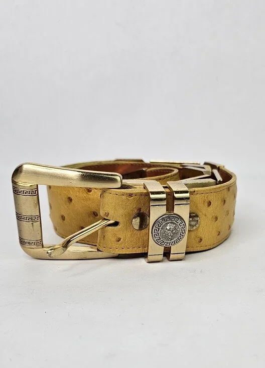 Yellow Gold Ostrich Medallion Leather Belt 40