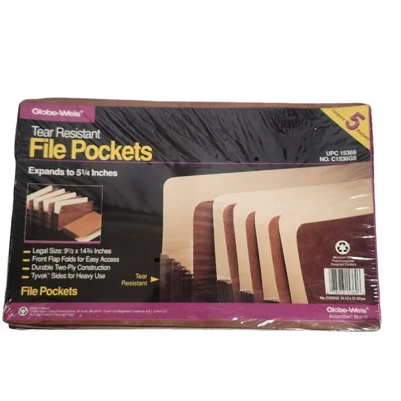 Globe-Weis Expanding File Pockets Pack of 5 Legal Size Vintage Office Supplies