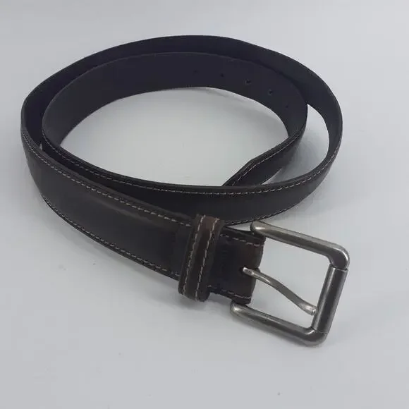 Dickies Men's Brown Leather Belt Silver Town Squared Buckle Casual Size 43