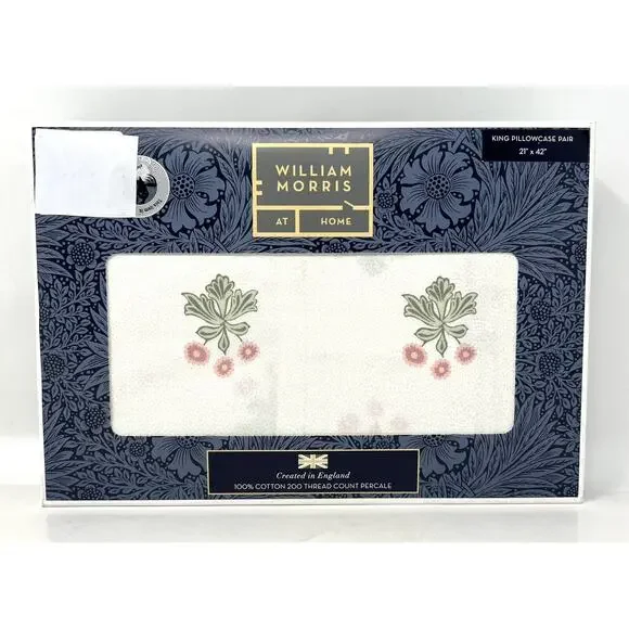 WILLIAM MORRIS Woodland Coral KING Pillowcases 2 Cotton Percale NIP