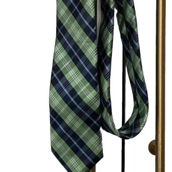 Chaps Boys Necktie Leaf Green Dark Light Blue White Plaid Tie 2.5
