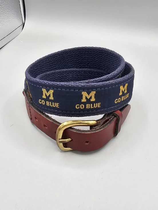 University Michigan Wolverines Belt Leather Mens 38 Handmade Solid Brass Blue