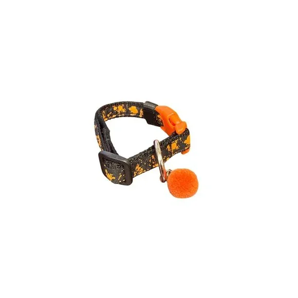 Adjustable Halloween-Themed Black & Orange Cat Collar With Safety Release Pom-Po