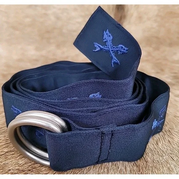 Vineyard Vines Men's Size M Belt Navy Blue Fish Bone Skeleton D-Ring Ribbon