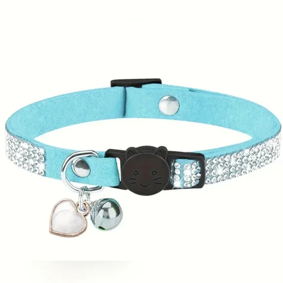 VELVET RHINESTONE 🩵 Teal Blue Collar w Heart Pendant & Bell, Breakaway Safe NEW