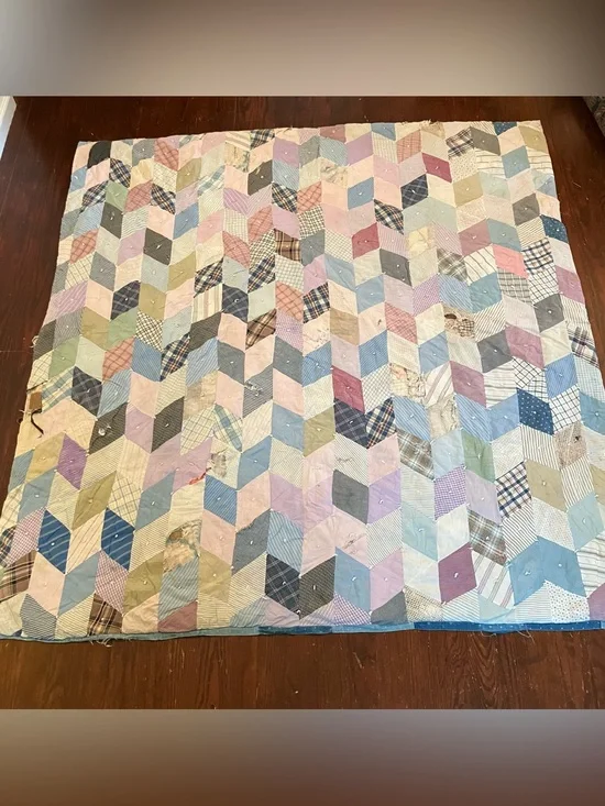 VTG Handmade Hand Quilted Diamond Scrap 70x 75 Twin Throw Quilt Farmhouse