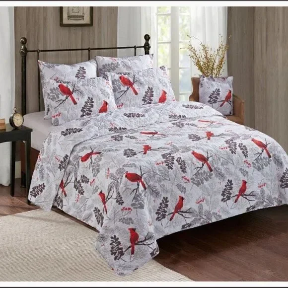 NEW! Red Cardinals Farmhouse Printed QUEEN Quilt Set with matching Tote Boho
