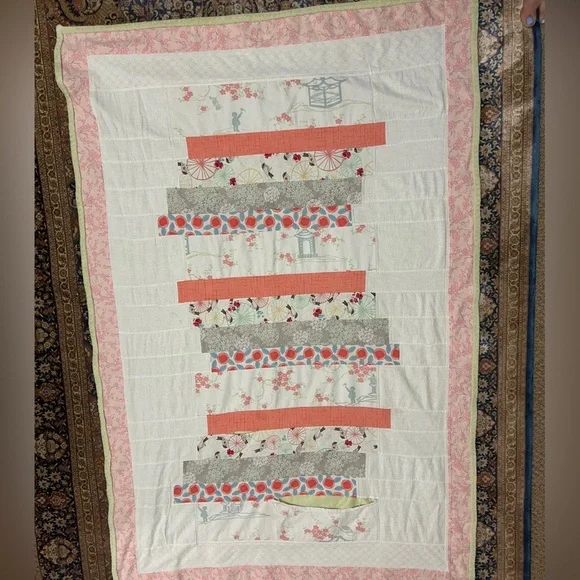 GUC Modern handmade quilt in corals, pinks and greens. Nursery. Needs TLC repair