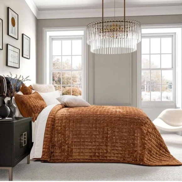 🆕 Amber Rust Velvet Queen Quilt Shams Set Luxury Hotel Style Down Alternative