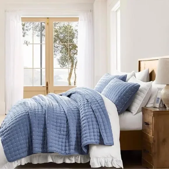 🆕 PB Style Queen Denim Blue Quilt Coverlet 3 Piece Pick Stitch Tufted Bed Set