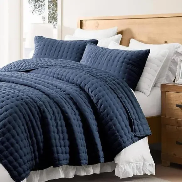 🆕 PB Style Queen Quilt Set Tufted Classic Navy Blue 3 piece Set