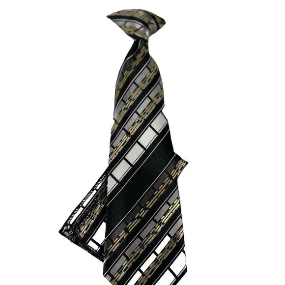 Karl Knox Boy's Clip-on Tie Hanky Black Gold White Plaids Polyester 10