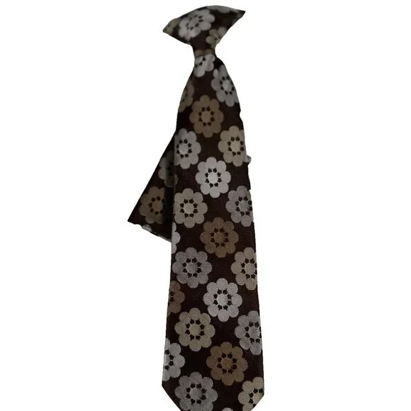 Boy's Clip-on Tie Hanky Brown Silver Floral Pattern Polyester 2.75