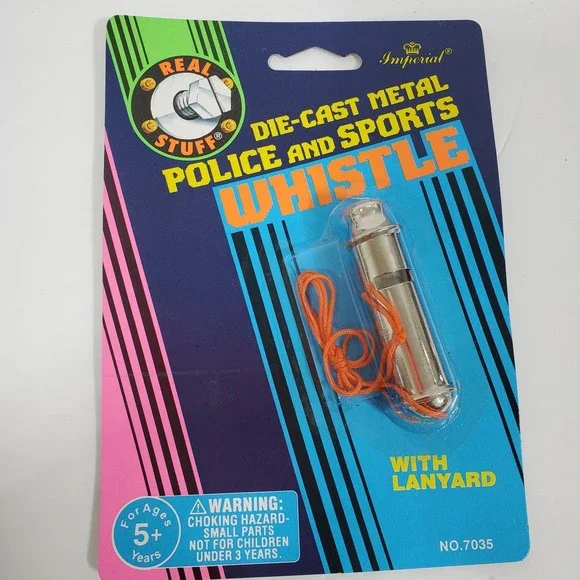 Vintage 1994 Imperial Real Stuff Die-Cast Metal Police Sports Whistle w/ Lanyard