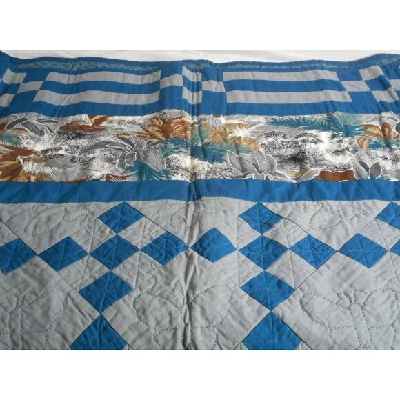 Vintage hand Quilted Wall Hanging Lap Blanket Blue Bayou 1990