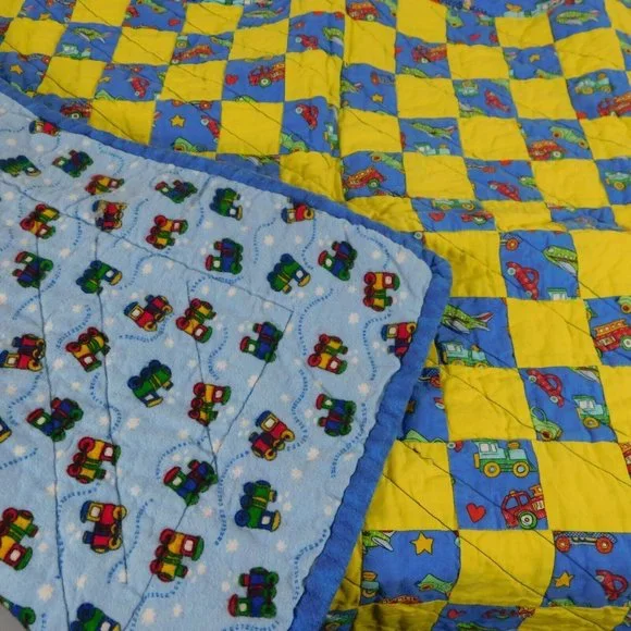 Quilt Baby Crib Blanket Trains Cars Airplanes Trucks Blue Yellow 36