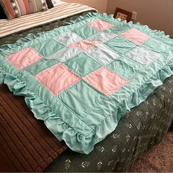 Vintage Handmade Baby Ruffle Quilt Crib Bedding in Pastel Green Pink Blue