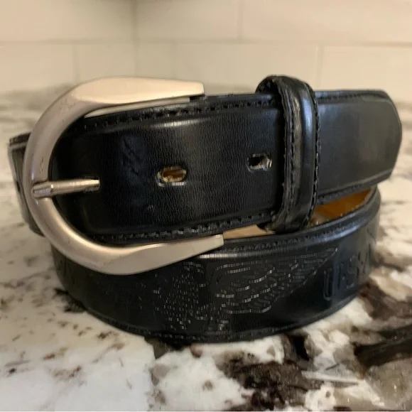 Mens Genuine Black Leather Embossed with Eagle & USA - Silver-tone Buckle 34/36
