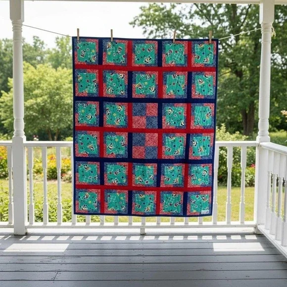 Handmade Sports Soccer Dog Patchwork Quilt Red Blue‎ Teal 50x42 Puppy Blanket