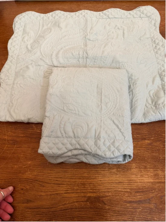 Set of 2 King Quilted Pillow Shams Blue Gray Paisley Floral Scalloped Edge
