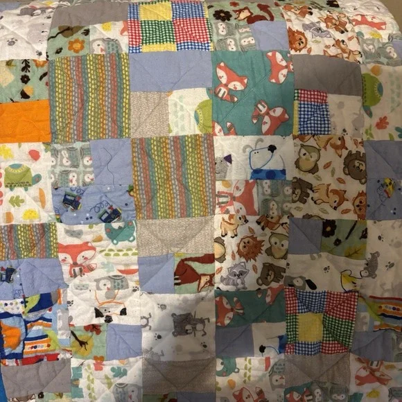 New Hand Sewn Baby Quilt‎ Woodland Whimsy Fox Owl Deer Porcupine Bear Animals