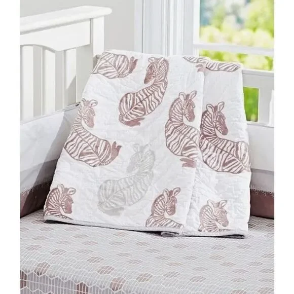 NWT Pottery Barn Kids Zebra Safari Quilt and Crib Skirt