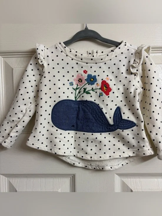 GAP Cream-White Polka Dot Long-Sleeve Tee with Navy Whale and Floral Embroidery