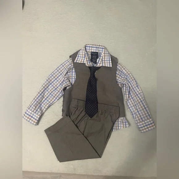 Nautica Kids Gray Vest Set with Blue Plaid Shirt and Navy Tie