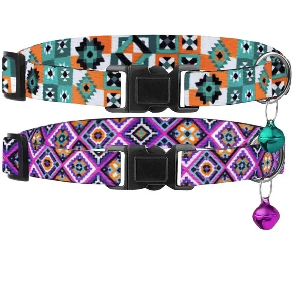 Cat collars Aztec print purple turquoise bell breakaway clasp
