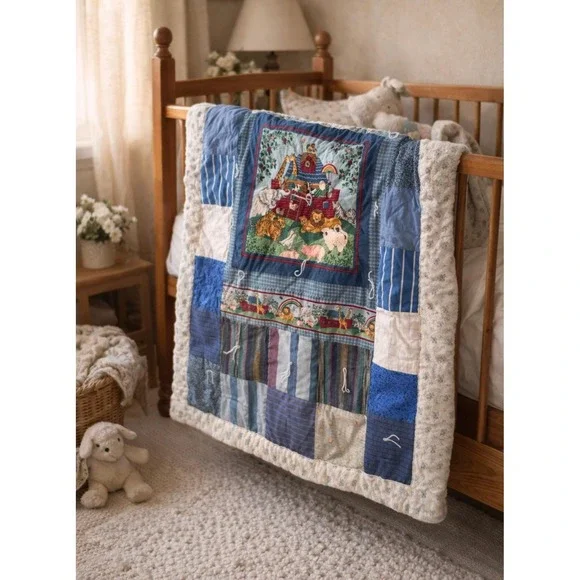 Vintage Noahs Ark Patchwork‎ Baby Quilt Blue Nursery OS Cottagecore Minimalist