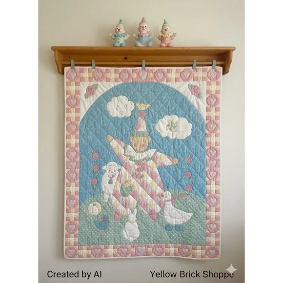 Vintage‎ Hand Quilted Nursery Quilt Clown & Animals Pastel Crib Wall Hanging