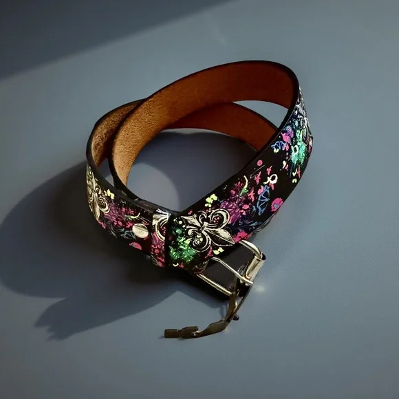 Black Leather Fleur de Lis Belt Mens 34-38 Floral Engraved Streetwear NWT