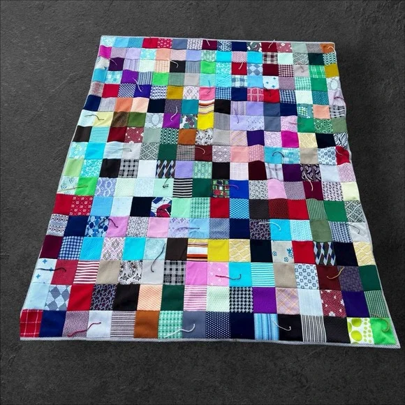 Vtg 1970's Polyester Double Knit Handmade Squares Blanket/Quilt‎ 48