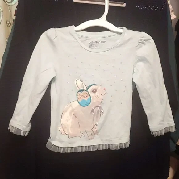 Baby Gap Light Blue Easter Bunny Long Sleeve Shirt w Tulle Ruffle Trim 2T