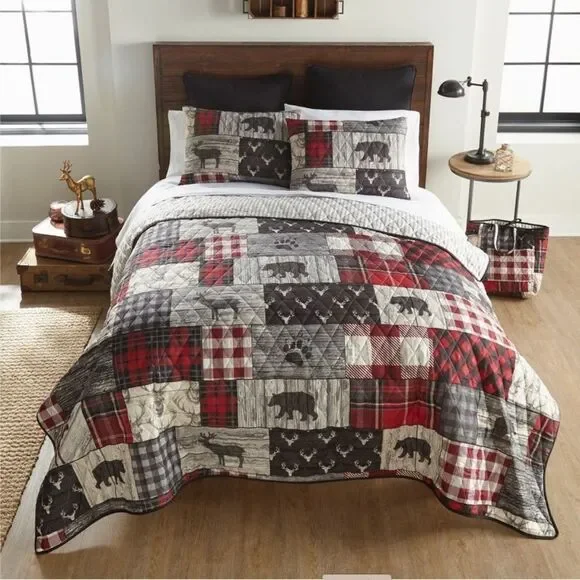 Rustic Lodge Bear Patchwork KING Quilt Set Lightweight Country Black Gray Red