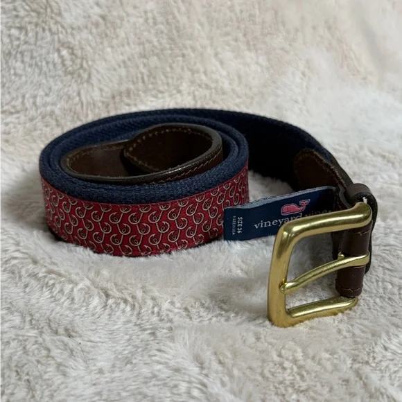 Vineyard Vines Go Fishing Classic Canvas/Leather Belt Mens Sz 36