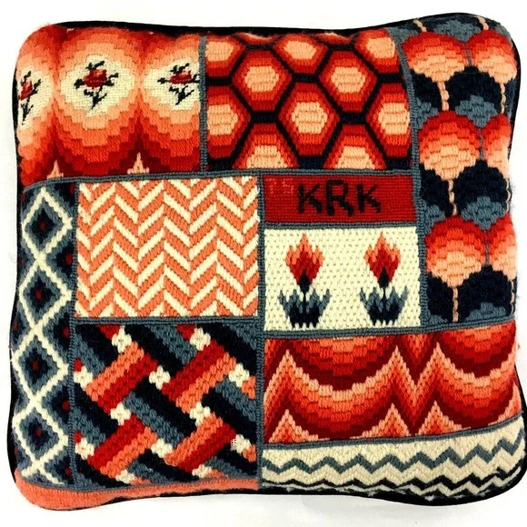 Vintage 1975 Needlepoint Pillow Square Sampler‎ Style Floral Geometric Blue Red