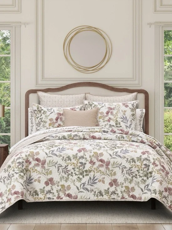 Rosewood Botanical Leaf 3-Pc. Quilt Set, Full/Queen NEW